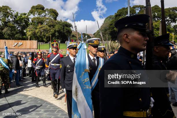 Members of the Horse Grenadier Regiment , the Argentine Navy and infantry pay tribute to the fallen in Malvinas at the cenotaph in Plaza San Martin....