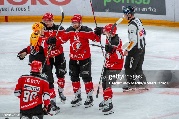 Jiri Sekac of Lausanne HC celebrates his goal with teammates during the Swiss National League Playoff Semi-final game between Lausanne HC and HC...