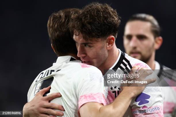 Federico Chiesa of Juventus Fc and Dusan Vlahovic of Juventus FC celebrates after scoring his team's first goal with team mates during the Coppa...