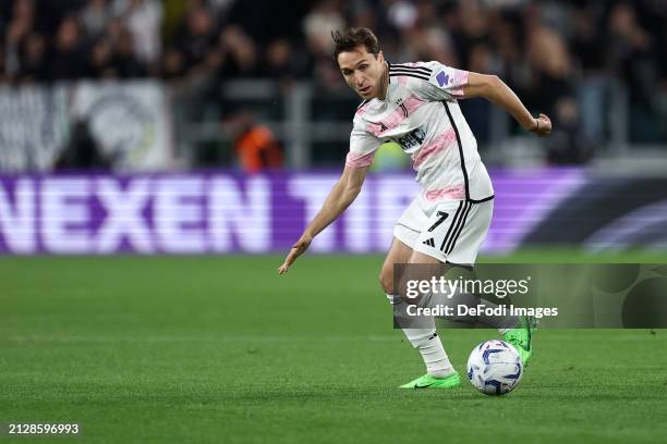 Federico Chiesa of Juventus Fc controls the ball during the Coppa Italia Semi-final match between Juventus FC and SS Lazio at Allianz Stadium on...