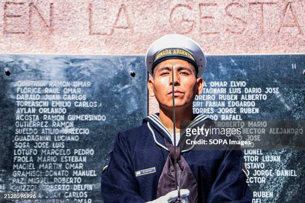 Soldier of the Argentine Navy on guard next to the 649 names of the fallen in the Malvinas War. Every April 2, Argentina celebrates the Day of the...