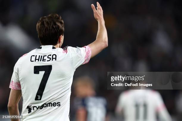 Federico Chiesa of Juventus Fc gestures during the Coppa Italia Semi-final match between Juventus FC and SS Lazio at Allianz Stadium on April 2, 2024...