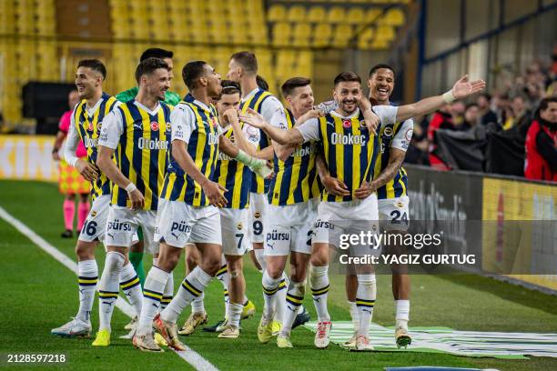 Fenerbahce team celebrates goal in action during the match. Fenerbahce and Adana Demispor faced each other in the Trendyol Super Lig , the match took...