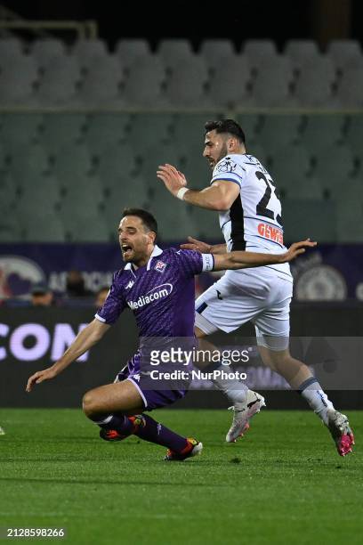 Giacomo Bonaventura from A.C.F. Fiorentina and Sead Kolasinac from Atalanta B.C. Are playing in the Coppa Italia Semi-Final first leg match between...