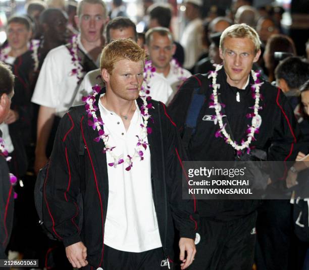 Liverpool football player, John Arne Riise and Sami Hyypia arrive at the hotel in Bangkok, 22 July 2003. The English Premier League, Liverpool...
