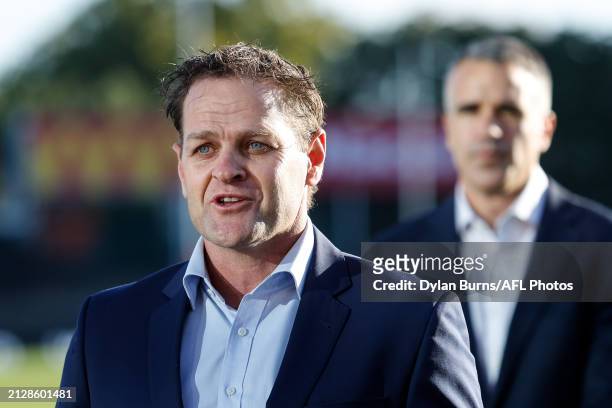 Josh Mahoney, General Manager Football Operations of the AFL speaks to the media during a 2024 Gather Round Media Opportunity at Norwood Oval on...