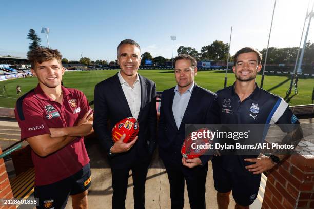 Zac Bailey of the Lions, The Hon Peter Malinauskas MP, Premier of South Australia, Josh Mahoney, General Manager Football Operations of the AFL and...