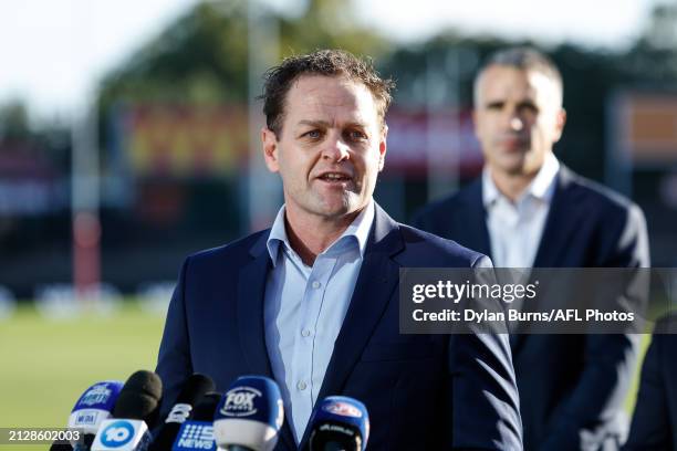 Josh Mahoney, General Manager Football Operations of the AFL speaks to the media during a 2024 Gather Round Media Opportunity at Norwood Oval on...