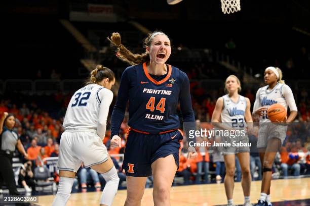 Kendall Bostic of the Illinois Fighting Illini reacts during the second half of the WBIT Finals game against the Villanova Wildcats held at Hinkle...