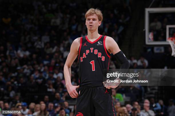 Gradey Dick of the Toronto Raptors looks on during the game against the Minnesota Timberwolves on April 3, 2024 at Target Center in Minneapolis,...