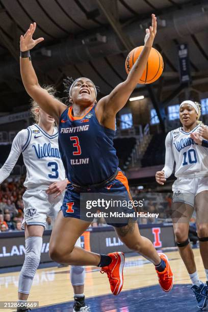 Makira Cook of the Illinois Fighting Illini loses the ball going out of bounds against the Villanova Wildcats during the first half in the Women's...