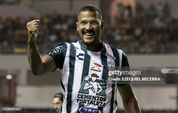Pachuca's Venezuelan forward Salomon Rondon celebrates after scoring a goal during the Concacaf Champions Cup quarterfinals football match between...