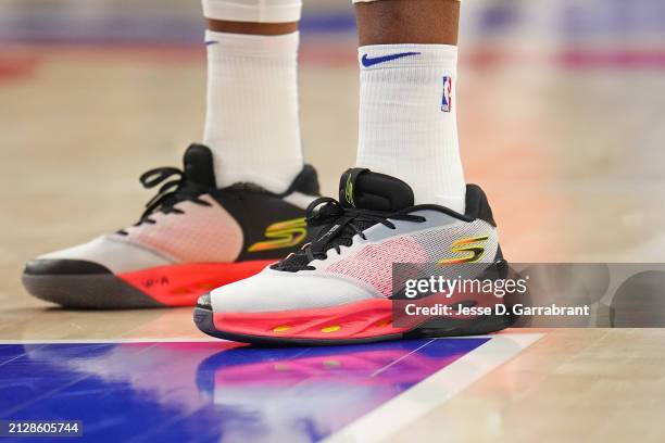 The sneakers worn by Joel Embiid of the Philadelphia 76ers during the game against the Oklahoma City Thunder on April 2, 2024 at the Wells Fargo...