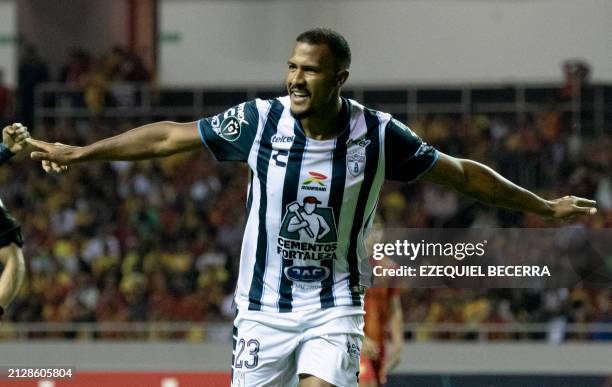 Pachuca's Venezuelan forward Salomon Rondon celebrates after scoring a goal during the Concacaf Champions Cup quarterfinals football match between...