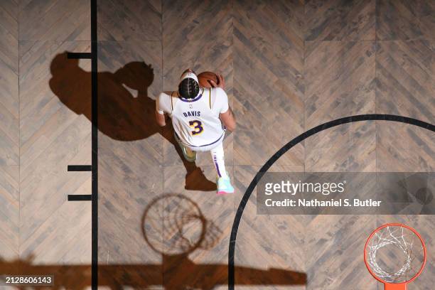 Anthony Davis of the Los Angeles Lakers handles the ball during the game against the Brooklyn Nets on March 31, 2024 at Barclays Center in Brooklyn,...