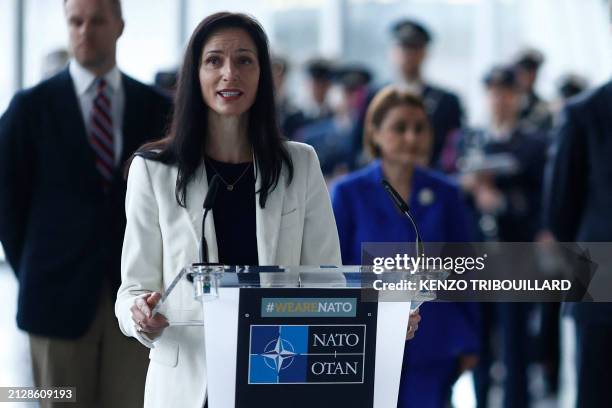 Bulgarian Minister for Foreign Affairs Mariya Gabriel speaks during the North Atlantic Treaty Organization alliance's 75th anniversary in the Agora...