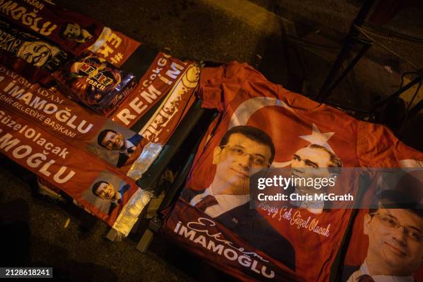 Man sells T-shirts bearing the likeness of Ekrem Imamoglu, Istanbul mayor and Republican People's Party candidate, on April 1, 2024 in Istanbul,...