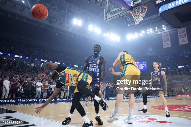 Jo Lual-Acuil Jr of United celebrates a dunk during game five of the NBL Championship Grand Final Series between Melbourne United and Tasmania...