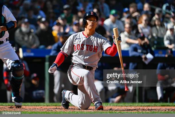 Masataka Yoshida of the Boston Red Sox bats during the game against the Seattle Mariners at T-Mobile Park on March 31, 2024 in Seattle, Washington....