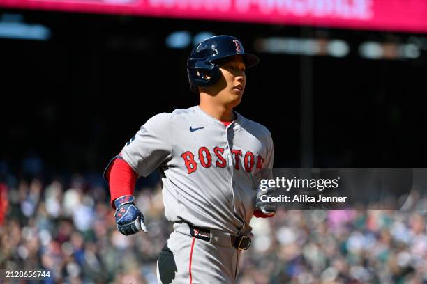 Masataka Yoshida of the Boston Red Sox runs during the fourth inning against the Seattle Mariners at T-Mobile Park on March 31, 2024 in Seattle,...