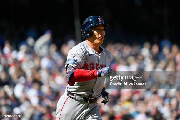 Masataka Yoshida of the Boston Red Sox runs during the fourth inning against the Seattle Mariners at T-Mobile Park on March 31, 2024 in Seattle,...