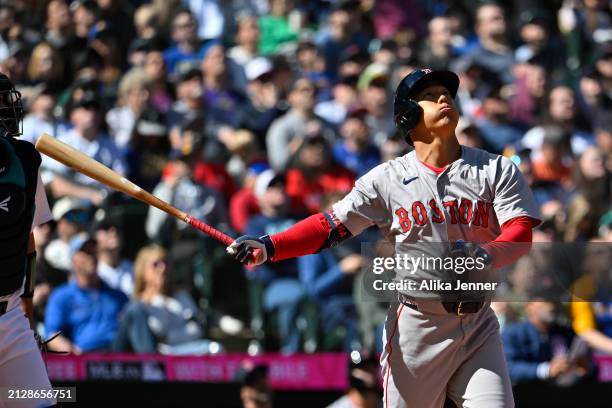 Masataka Yoshida of the Boston Red Sox bats during the fourth inning against the Seattle Mariners at T-Mobile Park on March 31, 2024 in Seattle,...