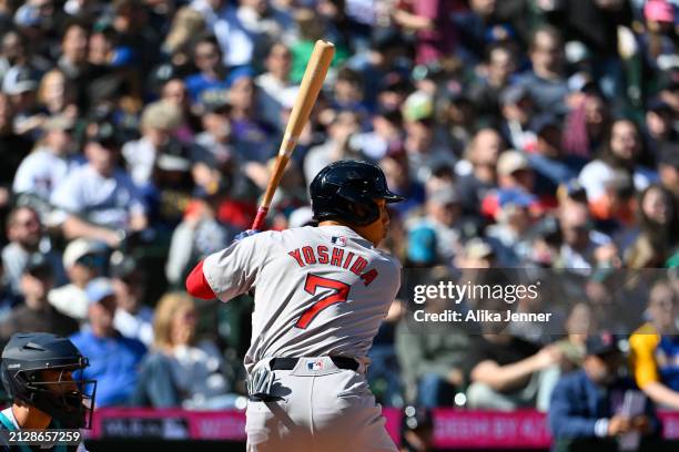 Masataka Yoshida of the Boston Red Sox bats during the fourth inning against the Seattle Mariners at T-Mobile Park on March 31, 2024 in Seattle,...