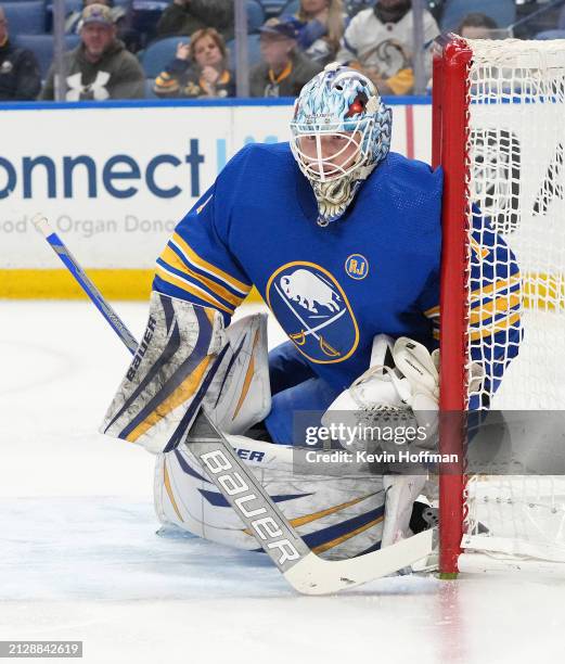 Ukko-Pekka Luukkonen of the Buffalo Sabres during the game against the Ottawa Senators at KeyBank Center on March 27, 2024 in Buffalo, New York.