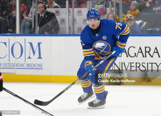 Connor Clifton of the Buffalo Sabres during the game against the Ottawa Senators at KeyBank Center on March 27, 2024 in Buffalo, New York.