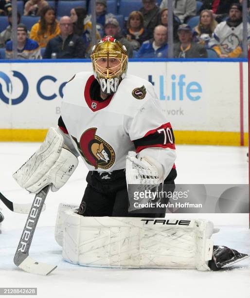 Joonas Korpisalo of the Ottawa Senators during the game against the Buffalo Sabres at KeyBank Center on March 27, 2024 in Buffalo, New York.