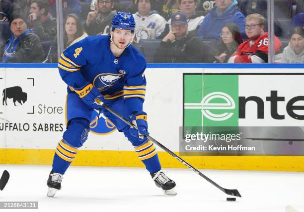 Bowen Byram of the Buffalo Sabres during the game against the Ottawa Senators at KeyBank Center on March 27, 2024 in Buffalo, New York.