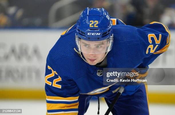 Jack Quinn of the Buffalo Sabres during the game against the Ottawa Senators at KeyBank Center on March 27, 2024 in Buffalo, New York.