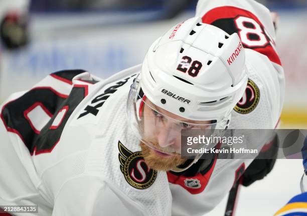 Claude Giroux of the Ottawa Senators during the game against the Buffalo Sabres at KeyBank Center on March 27, 2024 in Buffalo, New York.
