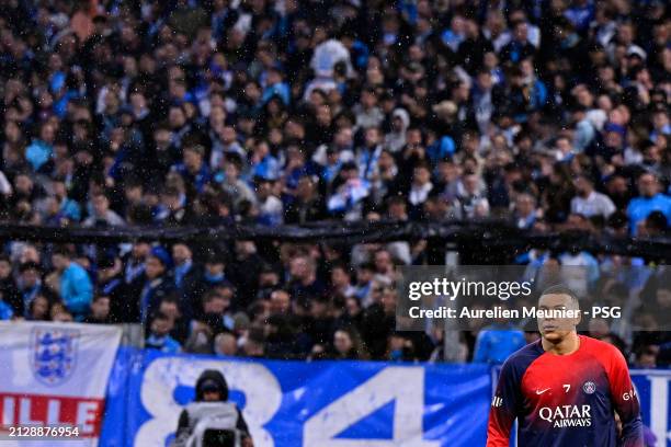 Kylian Mbappe of Paris Saint-Germain looks on during warmup before the Ligue 1 Uber Eats match between Olympique de Marseille and Paris Saint-Germain...