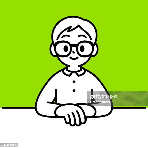 a studious boy with horn-rimmed glasses, sitting at the table with a smile, one hand on the other hand, minimalist style, black and white outline - horn rimmed glasses stock illustrations stock illustrations