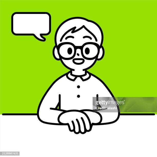 a studious boy with horn-rimmed glasses, sitting at the table smiling, talking, one hand on the other hand, minimalist style, black and white outline - horn rimmed glasses stock illustrations stock illustrations