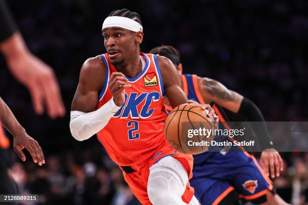 Shai Gilgeous-Alexander of the Oklahoma City Thunder drives to the basket during the third quarter of the game against the New York Knicks at Madison...