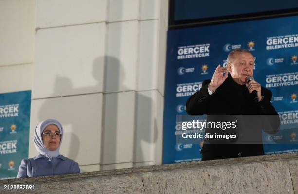 President Recep Tayyip Erdoğan speaks at AK Party headquarters on local government elections March 31, 2024 in Ankara, Turkey. In a setback to...