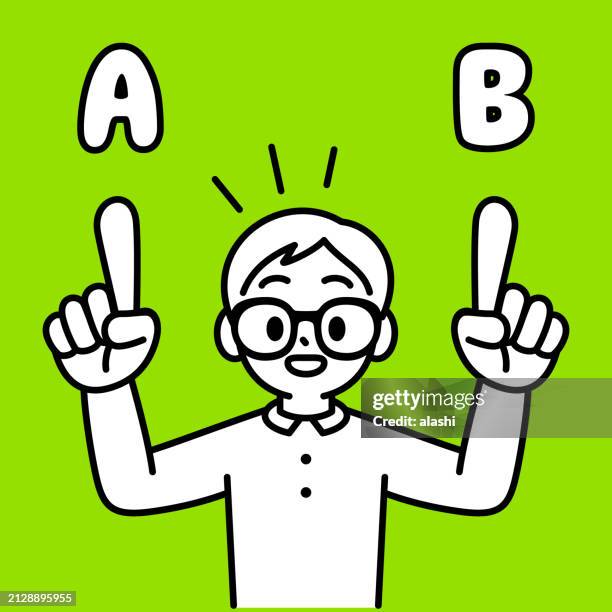 a studious boy with horn-rimmed glasses, pointing at different options with his index finger, minimalist style, black and white outline - horn rimmed glasses stock illustrations stock illustrations