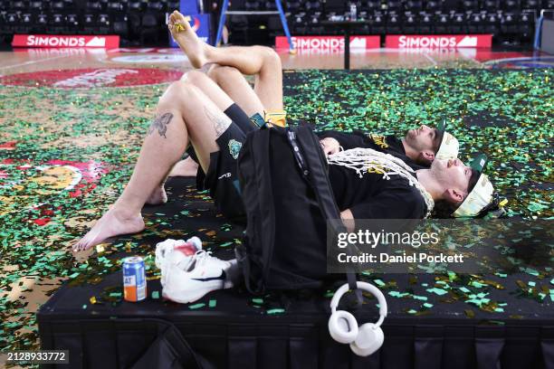 Jack McVeigh of the JackJumpers and Will Magnay of the JackJumpers rela after winning game five of the NBL Championship Grand Final Series between...