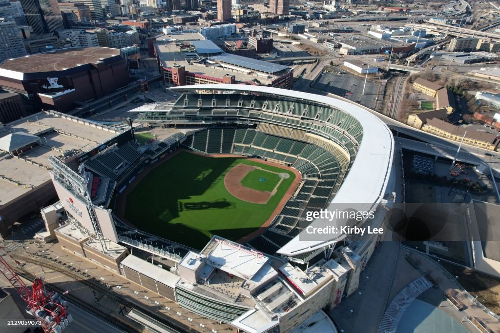 Target Field Fly Over A general overall aerial view of Target Field on April 3, 2022 in ...