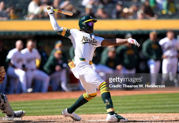 Lawrence Butler of the Oakland Athletics bats against the Cleveland Guardians in the bottom of the ninth inning on March 31, 2024 at the Oakland...