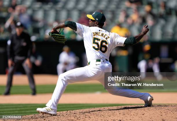 Dany Jimenez of the Oakland Athletics pitches against the Cleveland Guardians in the top of the ninth inning on March 31, 2024 at the Oakland...
