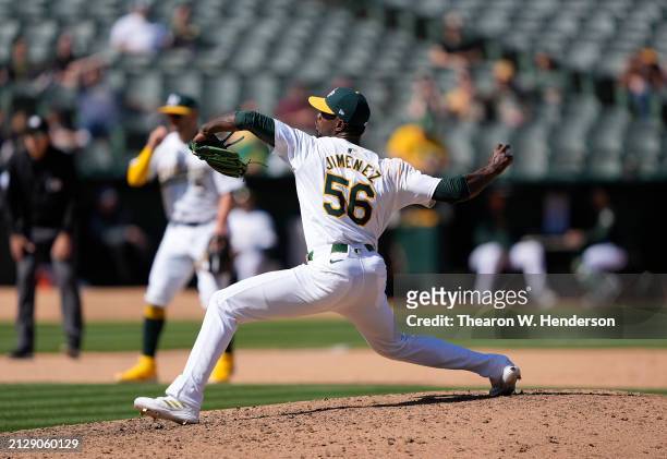 Dany Jimenez of the Oakland Athletics pitches against the Cleveland Guardians in the top of the ninth inning on March 31, 2024 at the Oakland...