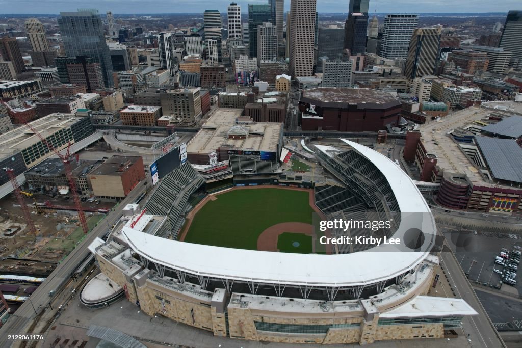 Target Field Fly Over A general overall aerial view of Target Field on March 31, 2022 in ...
