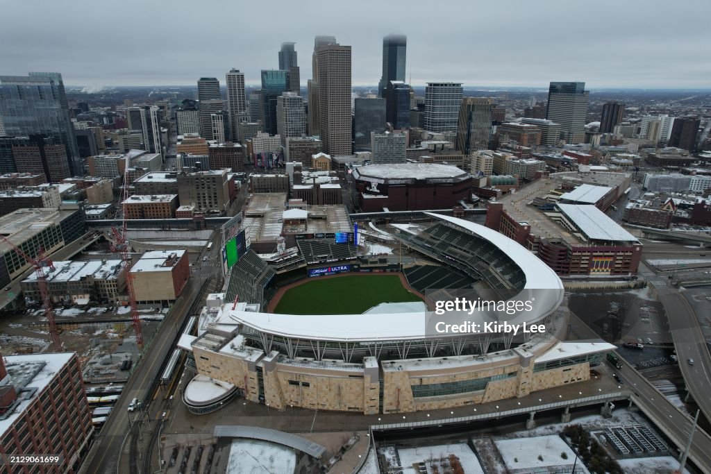 Target Field Fly Over A general overall aerial view of Target Field on April 4, 2022 in ...