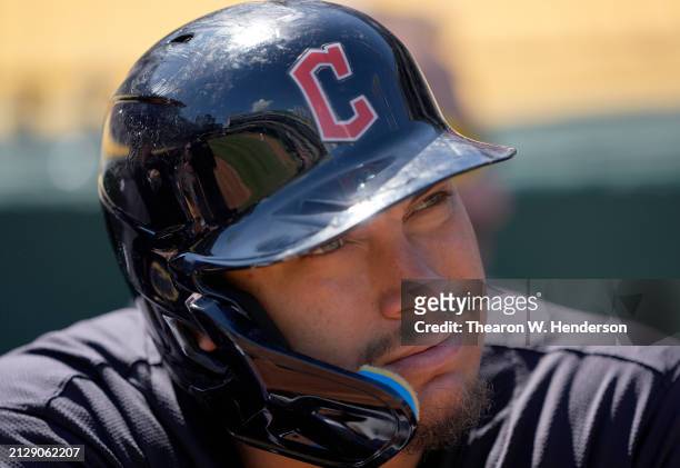 Josh Naylor of the Cleveland Guardians looks on prior to the start of the game against the Oakland Athletics on March 31, 2024 at the Oakland...