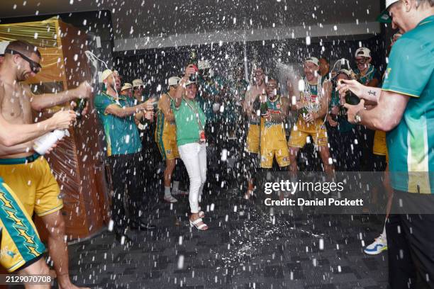 The JackJumpers celebrate after winning game five of the NBL Championship Grand Final Series between Melbourne United and Tasmania JackJumpers at...
