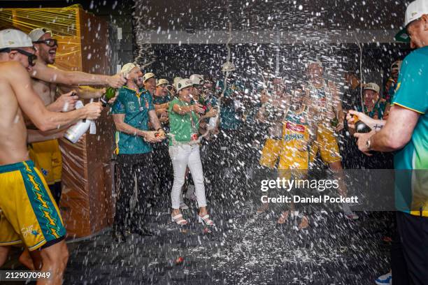 The JackJumpers celebrate after winning game five of the NBL Championship Grand Final Series between Melbourne United and Tasmania JackJumpers at...