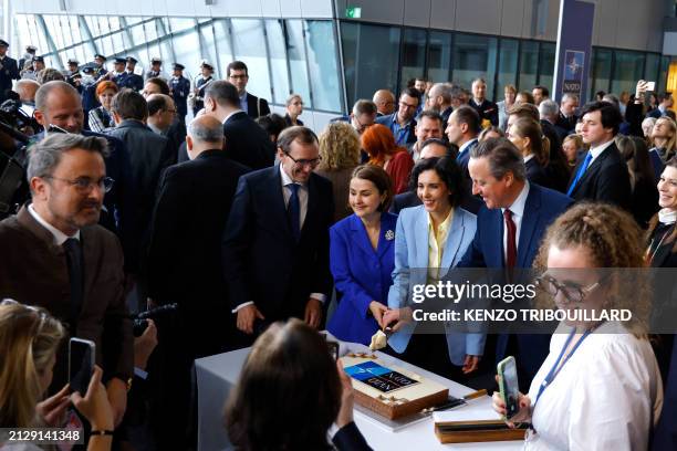 Romania's Minister for Foreign Affairs Luminita-Teodora Odobescu , Belgian Minister for Foreign Affairs Hadja Lahbib, and Britain's Secretary for...